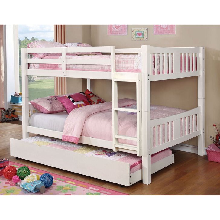 The appearance of Cameron Full Over Full Bunk Bed In White designed by Furniture of America in the transitional interior design. This white piece of furniture  was selected by 1StopBedrooms from Cameron Collection to add a touch of cosiness and style into your home. Sku: CM-BK929F-WH-1-VN;CM-BK929F-WH-2-VN;CM-BK929F-WH-3-VN. Bed Type: Bunk Bed. Material: Wood. Product Type: Bunk Bed. Bed Size: Full Over Full.