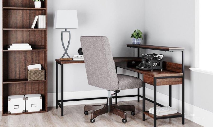 The appearance of Camiburg Warm Brown 55inch Home Office Set designed by Signature Design by Ashley in the transitional interior design. This warm brown piece of furniture  was selected by 1StopBedrooms from Camiburg Collection to add a touch of cosiness and style into your home. Sku: H283-24;H283-12. Material: Metal. Product Type: Home Office Set. Image1