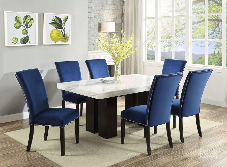 The appearance of Camila Rectangular Dining Room Set designed by Steve Silver in the transitional interior design. This espresso piece of furniture  was selected by 1StopBedrooms from Camila Collection to add a touch of cosiness and style into your home. Sku: CM420WBWT;CM420SSN. Table Base Style: Double Pedestal. Product Type: Dining Room Set. Material: MDF. Table Top Shape: Rectangular. Size: 40". Image1