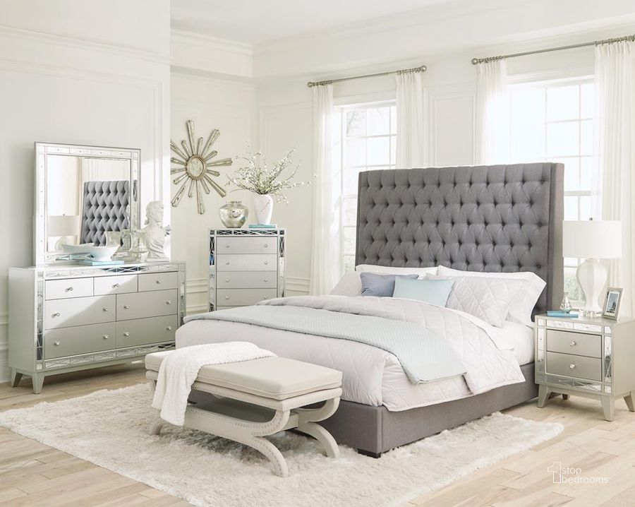 The appearance of Camille Grey King Platform Bed designed by Coaster in the modern / contemporary interior design. This gray piece of furniture  was selected by 1StopBedrooms from Camille Collection to add a touch of cosiness and style into your home. Sku: 300621KEB1;300621KEB2. Bed Type: Platform Bed. Product Type: Platform Bed. Bed Size: King. Material: Plywood. Image1