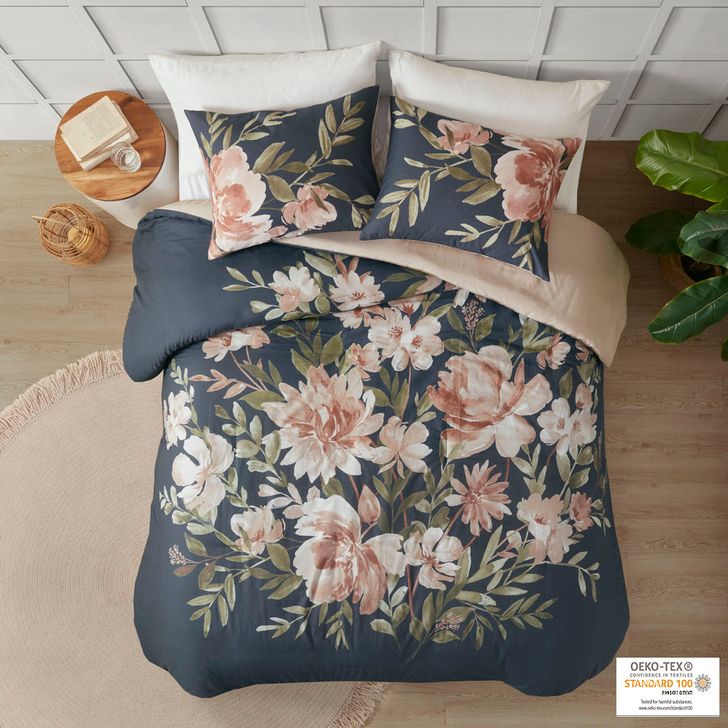 The appearance of Camillia Cotton Printed Queen Duvet Cover Set In Navy designed by Olliix in the modern / contemporary interior design. This navy piece of furniture  was selected by 1StopBedrooms from Camillia Collection to add a touch of cosiness and style into your home. Sku: MP12-7298. Bed Size: Queen. Material: Cotton. Product Type: Duvet Cover Set. Image1