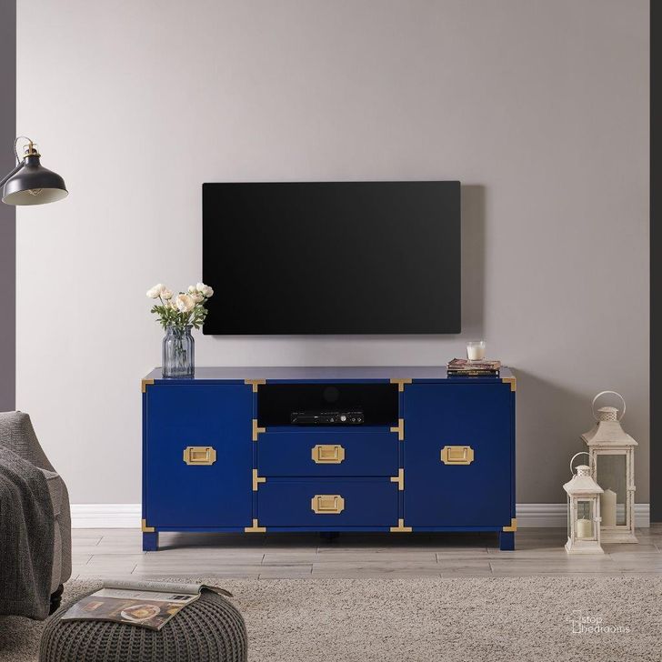 The appearance of Campaign Entertainment Center Console In Navy designed by SEI Furniture in the transitional interior design. This navy piece of furniture  was selected by 1StopBedrooms from Campaign Collection to add a touch of cosiness and style into your home. Sku: MS3212. Material: Wood. Product Type: Console. Image1