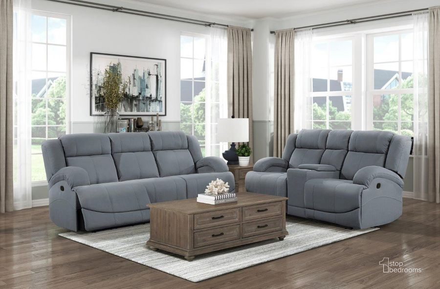The appearance of Camryn Graphite Blue Double Reclining Living Room Set designed by Homelegance in the modern / contemporary interior design. This blue piece of furniture  was selected by 1StopBedrooms from Camryn Collection to add a touch of cosiness and style into your home. Sku: 9207GPB-3;9207GPB-2. Material: Fabric. Product Type: Living Room Set. Image1