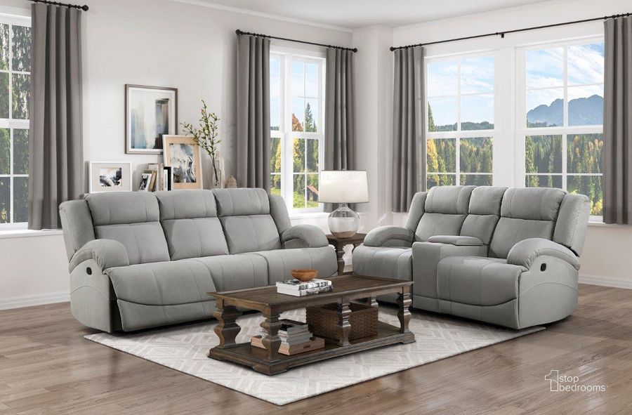 The appearance of Camryn Gray Double Reclining Living Room Set designed by Homelegance in the modern / contemporary interior design. This gray piece of furniture  was selected by 1StopBedrooms from Camryn Collection to add a touch of cosiness and style into your home. Sku: 9207GRY-3;9207GRY-2. Material: Fabric. Product Type: Living Room Set. Image1