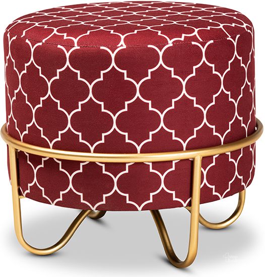 The appearance of Candice Glam And Luxe Red Quatrefoil Velvet Fabric Upholstered Gold Finished Metal Ottoman designed by Baxton Studio in the glam interior design. This red piece of furniture  was selected by 1StopBedrooms from Candice Collection to add a touch of cosiness and style into your home. Sku: JY19A255-Red/Gold-Otto. Product Type: Ottoman. Material: MDF. Image1