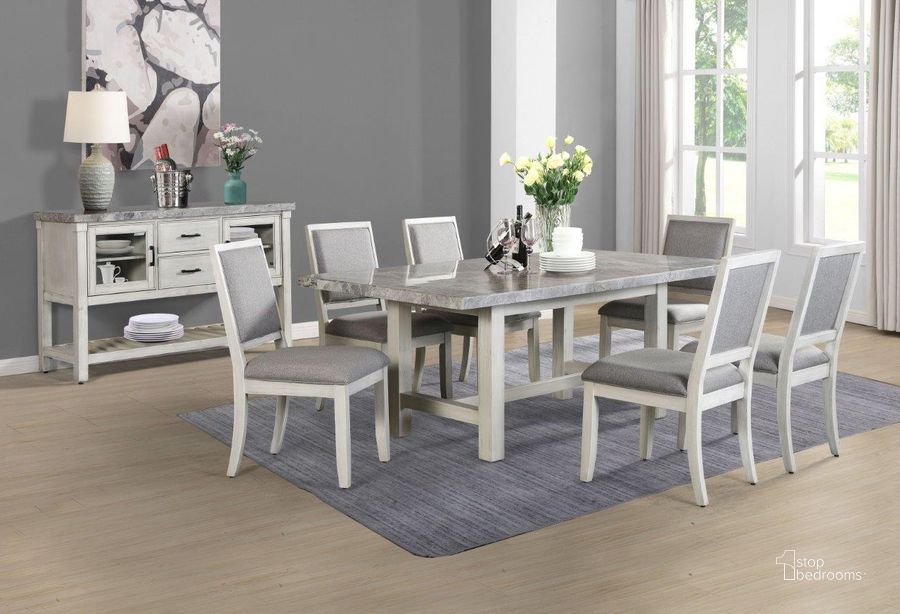 The appearance of Canova Weathered White Marble Top Dining Room Set designed by Steve Silver in the transitional interior design. This gray piece of furniture  was selected by 1StopBedrooms from Canova Collection to add a touch of cosiness and style into your home. Sku: CV500GT;CV500SG. Table Base Style: Trestle. Material: Wood. Product Type: Dining Room Set. Table Top Shape: Rectangular. Size: 42". Image1