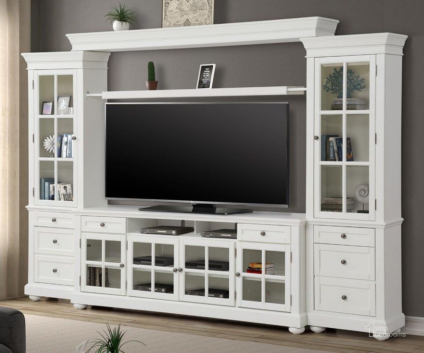 The appearance of Cape Cod 4 Piece 76 Inch Entertainment Wall designed by Parker House in the transitional interior design. This vintage white piece of furniture  was selected by 1StopBedrooms from Cape Cod Collection to add a touch of cosiness and style into your home. Sku: CAP#100;CAP#250P;CAP#76. Product Type: Entertainment Wall. Material: Poplar. Image1