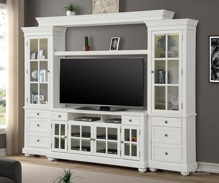 The appearance of Cape Cod Vintage White 113 Inch Entertainment Wall designed by Parker House in the transitional interior design. This white piece of furniture  was selected by 1StopBedrooms from Cape Cod Collection to add a touch of cosiness and style into your home. Sku: CAP#63;CAP#250P;CAP#100. Product Type: Entertainment Unit. Image1