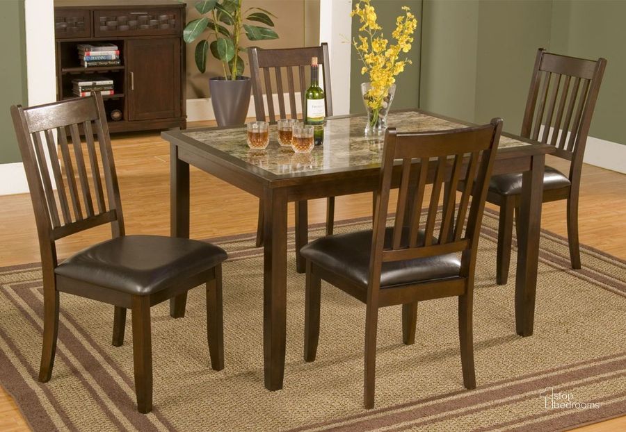 The appearance of Capitola Espresso Faux Marble 5 Piece Dining Set designed by Alpine in the transitional interior design. This brown piece of furniture  was selected by 1StopBedrooms from Capitola Collection to add a touch of cosiness and style into your home. Sku: 553. Product Type: Dining Room Set. Material: Rubberwood. Image1