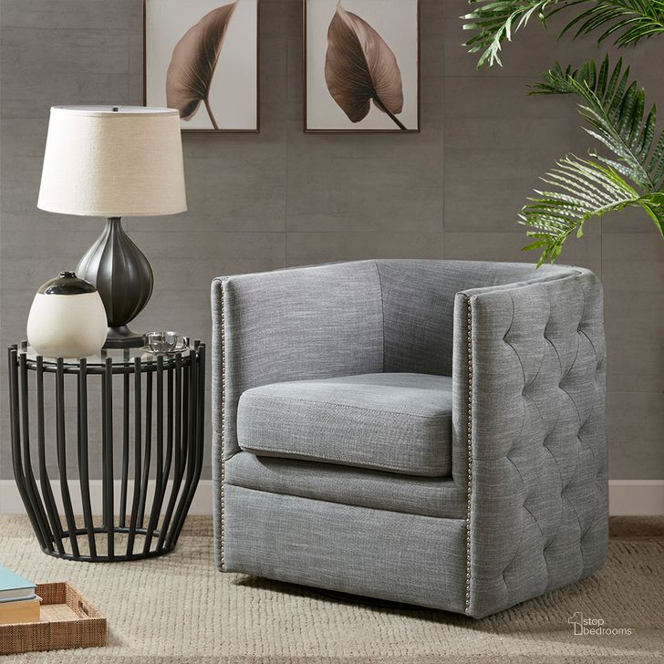 The appearance of Capstone Swivel Chair In Slate designed by Olliix in the transitional interior design. This slate piece of furniture  was selected by 1StopBedrooms from Capstone Collection to add a touch of cosiness and style into your home. Sku: MP103-0242. Material: Wood. Product Type: Living Room Chair. Image1