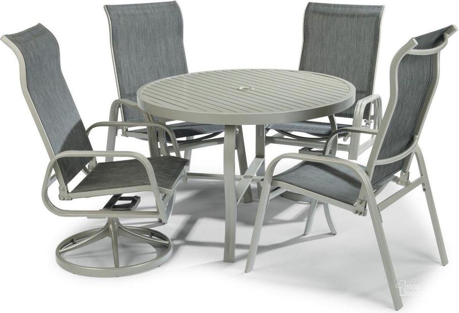 The appearance of Captiva Gray 5 Piece Outdoor Dining Set 6700-3015 designed by Homestyles in the modern / contemporary interior design. This gray piece of furniture  was selected by 1StopBedrooms from Captiva Collection to add a touch of cosiness and style into your home. Sku: 6700-30;6700-81;6700-55;6700-55. Table Base Style: Trestle. Table Top Shape: Round. Material: Aluminum. Product Type: Outdoor Dining Set. Image1