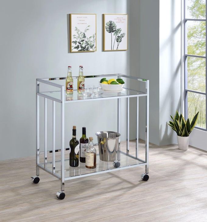 The appearance of Cara Rectangular Glass Bar Cart Chrome designed by Coaster in the modern / contemporary interior design. This chrome piece of furniture  was selected by 1StopBedrooms from Cara Collection to add a touch of cosiness and style into your home. Sku: 181382. Material: Glass. Product Type: Bar Cart. Image1