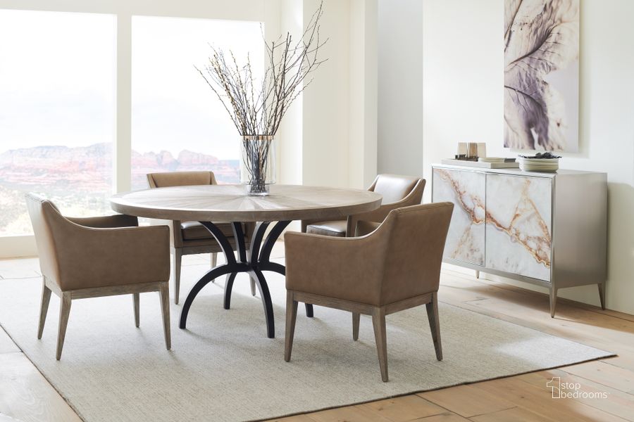 The appearance of Caracole Classic Ash Driftwood and Chocolate Bronze Rough And Ready 54" Round Dining Room Set designed by Caracole in the transitional interior design. This brown piece of furniture  was selected by 1StopBedrooms from Caracole Classic Collection to add a touch of cosiness and style into your home. Sku: CLA-019-2013B;CLA-019-2013T;CLA-019-274. Table Base Style: Pedestal. Table Top Shape: Round. Material: Metal. Product Type: Dining Room Set. Size: 54". Image1