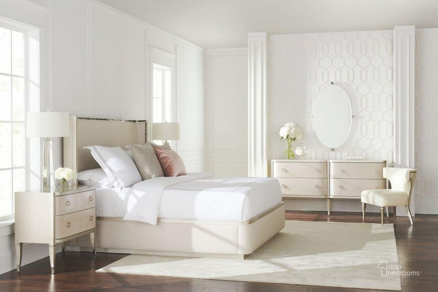 The appearance of Caracole Classic Beige Dream Big Upholstered Platform Bedroom Set designed by Caracole in the transitional interior design. This beige piece of furniture  was selected by 1StopBedrooms from Caracole Classic Collection to add a touch of cosiness and style into your home. Sku: CLA-420-101H;CLA-420-101F;CLA-420-101R;CLA-420-064. Bed Type: Panel Bed. Product Type: Panel Bed. Bed Size: Queen. Material: Birch.