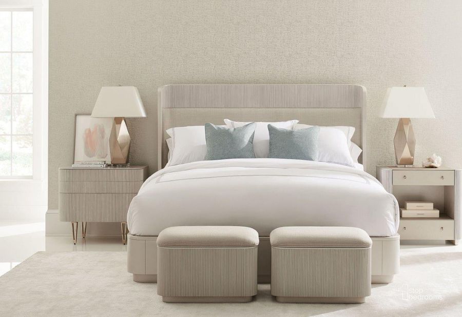 The appearance of Caracole Classic Matte Pearl Fall In Love Upholstered Platform Bedroom Set designed by Caracole in the transitional interior design. This beige piece of furniture  was selected by 1StopBedrooms from Caracole Classic Collection to add a touch of cosiness and style into your home. Sku: CLA-019-101H;CLA-019-101F;CLA-019-101R;CLA-019-061. Bed Type: Platform Bed. Material: Wood. Product Type: Platform Bed. Bed Size: Queen. Image1