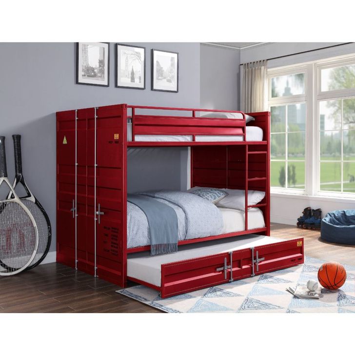 The appearance of Cargo Youth Full over Full Bunk Bed (Red) designed by ACME in the industrial interior design. This red piece of furniture  was selected by 1StopBedrooms from Cargo Collection to add a touch of cosiness and style into your home. Sku: 37915HF;37916R. Bed Type: Bunk Bed. Material: Metal. Product Type: Kids Loft and Bunk Bed. Bed Size: Full Over Full. Image1
