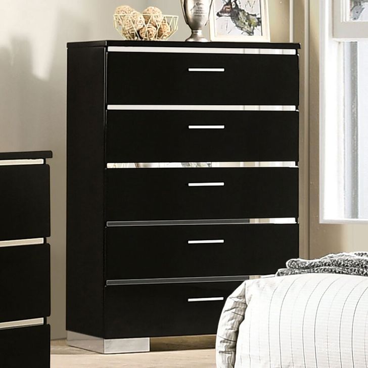 The appearance of Carlie Chest In Black and Chrome designed by Furniture of America in the modern / contemporary interior design. This black and chrome piece of furniture  was selected by 1StopBedrooms from Carlie Collection to add a touch of cosiness and style into your home. Sku: FOA7039C. Material: Wood. Product Type: Chest. Image1