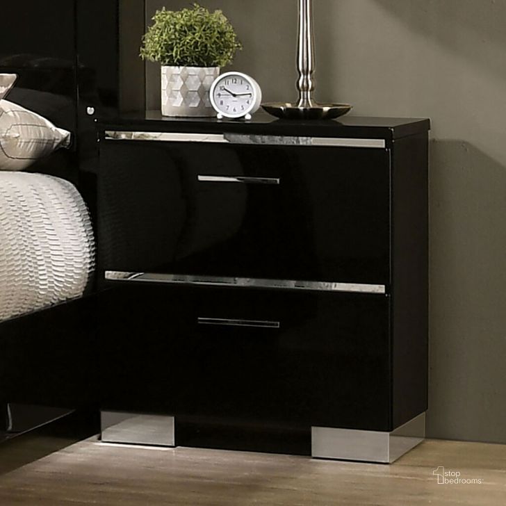 The appearance of Carlie Night Stand With Usb Plug In Black and Chrome designed by Furniture of America in the modern / contemporary interior design. This black and chrome piece of furniture  was selected by 1StopBedrooms from Carlie Collection to add a touch of cosiness and style into your home. Sku: FOA7039N. Material: Wood. Product Type: Nightstand. Image1