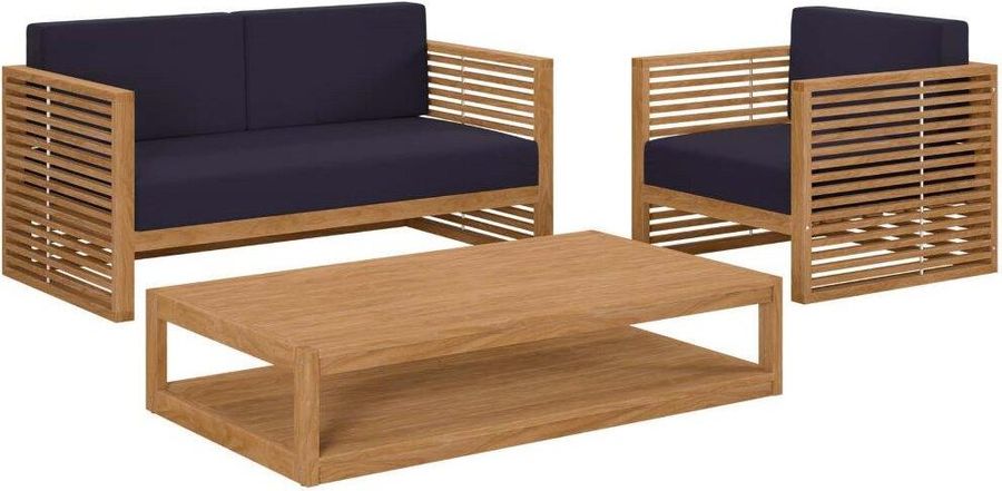 The appearance of Carlsbad 3 Piece Teak Wood Outdoor Patio Set In Natural Navy EEI-5837-NAT-NAV designed by Modway in the transitional interior design. This navy and natural piece of furniture  was selected by 1StopBedrooms from Carlsbad Collection to add a touch of cosiness and style into your home. Sku: EEI-5837-NAT-NAV. Material: Wood. Product Type: Outdoor Set. Image1