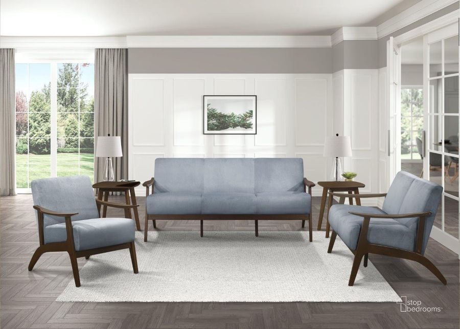The appearance of Carlson Blue Gray Velvet Living Room Set designed by Homelegance in the transitional interior design. This blue piece of furniture  was selected by 1StopBedrooms from Carlson Collection to add a touch of cosiness and style into your home. Sku: 1032BGY-3;1032BGY-2. Product Type: Living Room Set. Material: Rubberwood. Image1