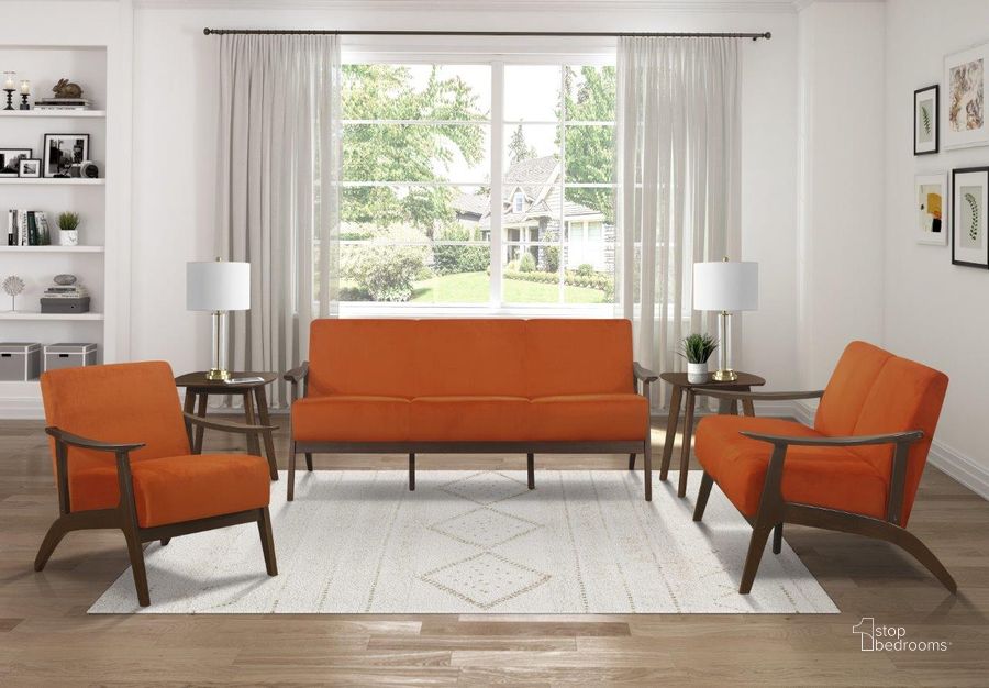 The appearance of Carlson Orange Velvet Living Room Set designed by Homelegance in the transitional interior design. This orange piece of furniture  was selected by 1StopBedrooms from Carlson Collection to add a touch of cosiness and style into your home. Sku: 1032RN-3;1032RN-2. Product Type: Living Room Set. Material: Rubberwood. Image1