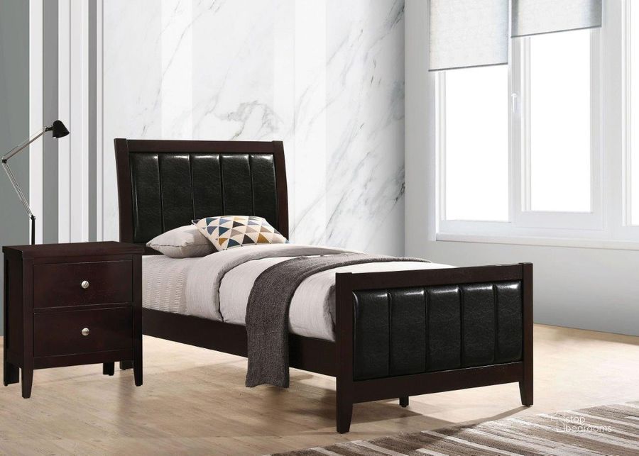 The appearance of Carlton Cappuccino Youth Panel Bedroom Set designed by Coaster in the transitional interior design. This brown piece of furniture  was selected by 1StopBedrooms from Carlton Collection to add a touch of cosiness and style into your home. Sku: 202091TB1;202091TB2;202092. Bed Type: Panel Bed. Material: Wood. Product Type: Panel Bed. Bed Size: Twin. Image1