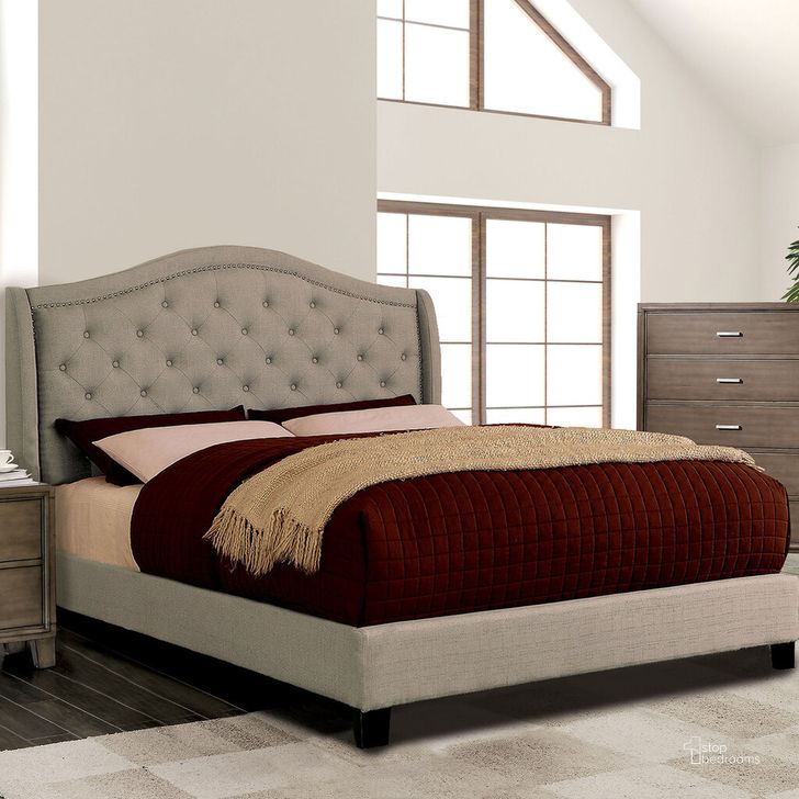 The appearance of Carly California King Bed In Warm Gray designed by Furniture of America in the transitional interior design. This warm gray piece of furniture  was selected by 1StopBedrooms from Carly Collection to add a touch of cosiness and style into your home. Sku: CM7160CK-HB-VN;CM7160CK-FBR-VN. Bed Type: Platform Bed. Material: Wood. Product Type: Platform Bed. Bed Size: California King.