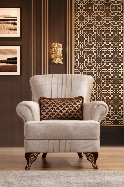 The appearance of Carmen Chair Made With Chenille Upholstery In Beige Color designed by Galaxy Home Furnishings in the transitional interior design. This beige piece of furniture  was selected by 1StopBedrooms from Carmen Collection to add a touch of cosiness and style into your home. Sku: 698781327012. Product Type: Chair. Material: Chenille. Image1