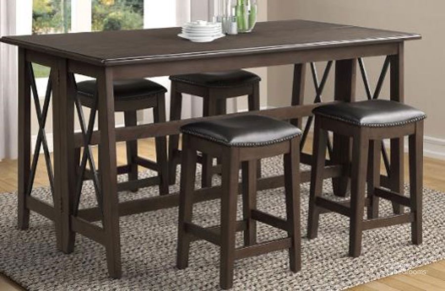 The appearance of Carmina Entertainment 5-Piece Counter Height Dining Set designed by Bernards in the transitional interior design. This warm brown piece of furniture  was selected by 1StopBedrooms from Carmina Collection to add a touch of cosiness and style into your home. Sku: 5938-532. Material: Wood. Product Type: Dining Room Set.