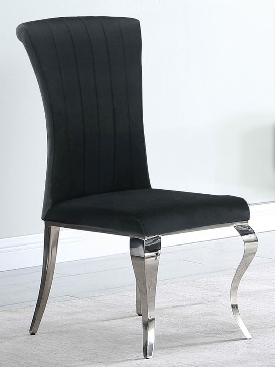 The appearance of Carone Black Side Chair Set of 4 designed by Coaster in the modern / contemporary interior design. This black piece of furniture  was selected by 1StopBedrooms from Carone Collection to add a touch of cosiness and style into your home. Sku: 105072B1;105072B2. Product Type: Side Chair. Material: Velvet. Image1