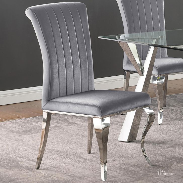 The appearance of Carone Grey and Chrome Side Chair Set of 4 designed by Coaster in the modern / contemporary interior design. This gray piece of furniture  was selected by 1StopBedrooms from Carone Collection to add a touch of cosiness and style into your home. Sku: 105073B1;105073B2. Product Type: Side Chair. Material: Vinyl. Image1