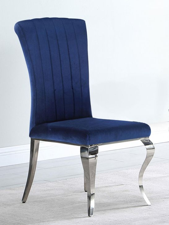 The appearance of Carone Ink Blue Dining Chair Set Of 4 designed by Coaster in the modern / contemporary interior design. This blue piece of furniture  was selected by 1StopBedrooms from Carone Collection to add a touch of cosiness and style into your home. Sku: 105077B1;105077B2. Product Type: Dining Chair. Material: Plywood. Image1