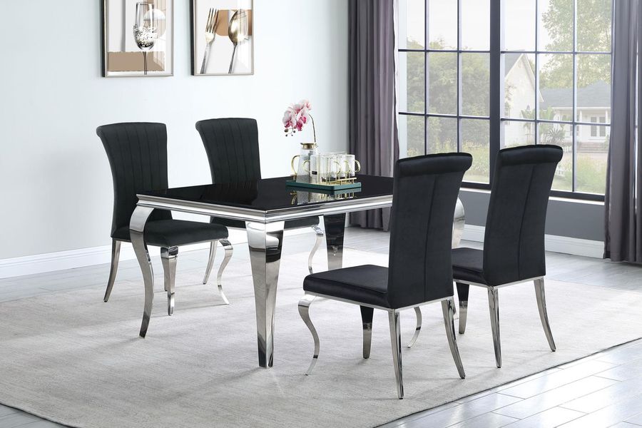 The appearance of Carone Stainless Steel Dining Room Set designed by Coaster in the modern / contemporary interior design. This black piece of furniture  was selected by 1StopBedrooms from Carone Collection to add a touch of cosiness and style into your home. Sku: 105071B1;105071B2;105071B3;105072B1;105072B2. Table Base Style: Legs. Material: Glass. Product Type: Dining Room Set. Table Top Shape: Rectangular. Image1