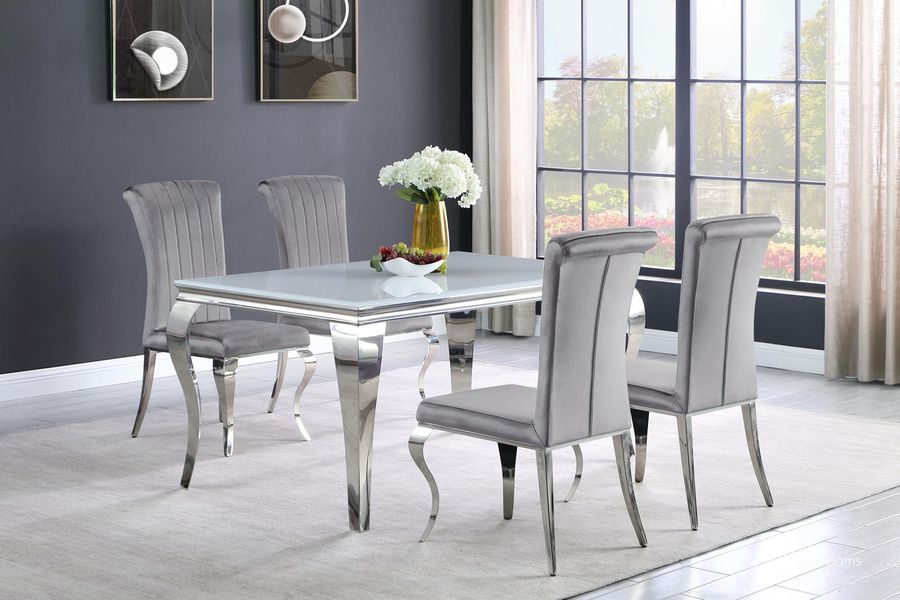 The appearance of Carone White And Chrome 61" Dining Room Set designed by Coaster in the modern / contemporary interior design. This white and chrome piece of furniture  was selected by 1StopBedrooms from Carone Collection to add a touch of cosiness and style into your home. Sku: 115091B1;115091B2;115091B3;105073B1;105073B2. Table Base Style: Legs. Material: Glass. Product Type: Dining Room Set. Table Top Shape: Rectangular. Image1