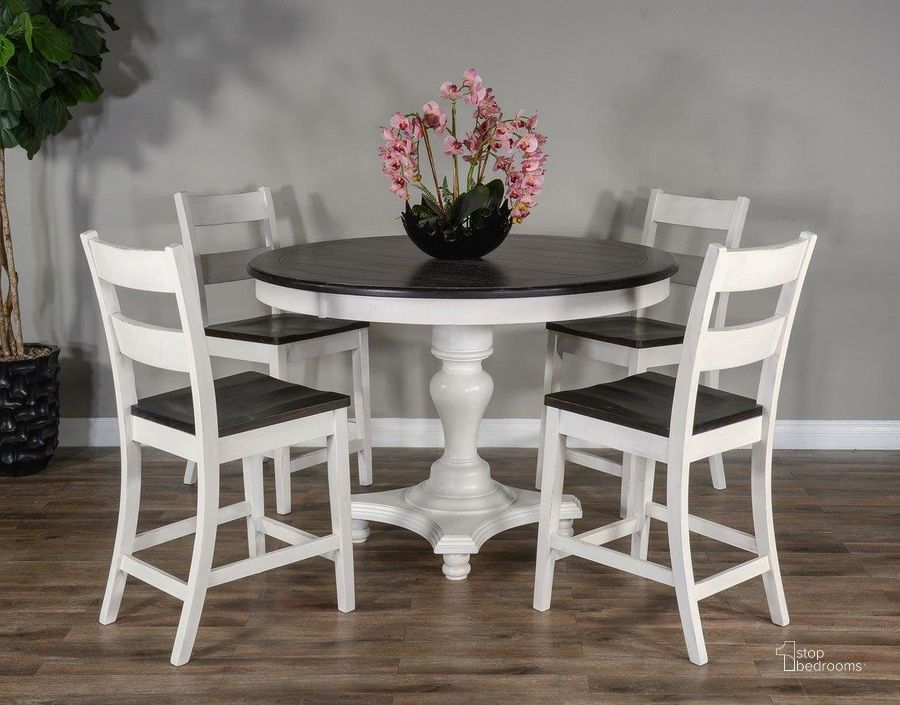 The appearance of Carriage House Counter Height Round Dining Set With Ladderback Barstools designed by Sunny Design in the country / farmhouse interior design. This white and brown piece of furniture  was selected by 1StopBedrooms from Carriage House Collection to add a touch of cosiness and style into your home. Sku: 1014EC-B36;1014EC-T36;1508EC-24. Table Top Shape: Round. Material: Wood. Product Type: Dining Room Set. Image1