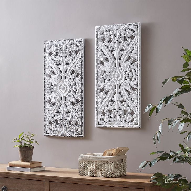 The appearance of Carved Wall Decor 2 Piece Set In White designed by Olliix in the transitional interior design. This white piece of furniture  was selected by 1StopBedrooms from Botanical Panel Collection to add a touch of cosiness and style into your home. Sku: MP95B-0230. Material: MDF. Product Type: Wall Decor. Image1