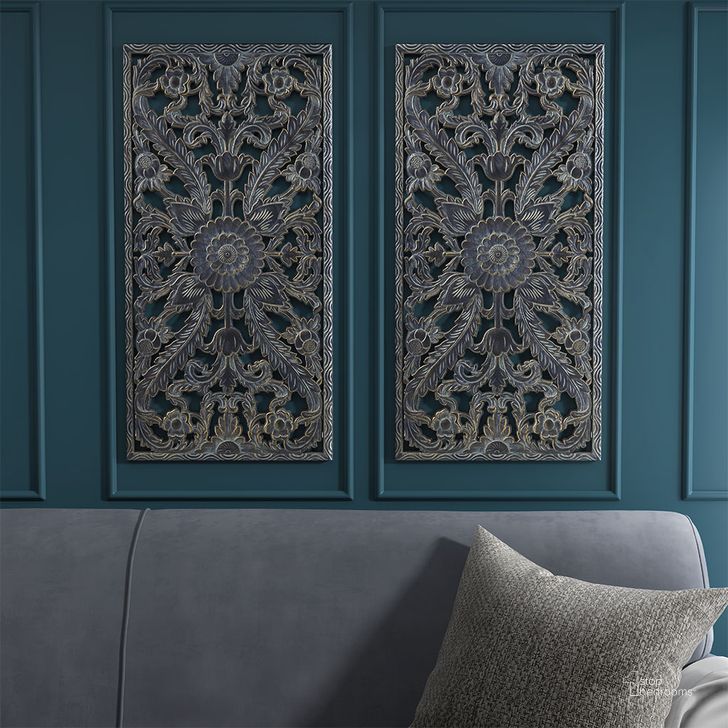 The appearance of Carved Wall Panel 2 Piece Set In Antique Blue designed by Olliix in the transitional interior design. This antique blue piece of furniture  was selected by 1StopBedrooms from Botanical Panel Collection to add a touch of cosiness and style into your home. Sku: MP95B-0264. Material: MDF. Product Type: Wall Decor. Image1