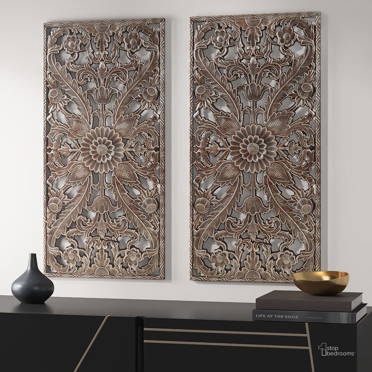 The appearance of Carved Wall Panel 2 Piece Set In Bronze designed by Olliix in the transitional interior design. This bronze piece of furniture  was selected by 1StopBedrooms from Botanical Panel Collection to add a touch of cosiness and style into your home. Sku: MP95B-0263. Material: MDF. Product Type: Wall Decor. Image1