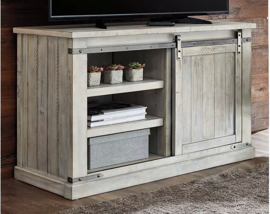 The appearance of Carynhurst White Wash Medium Tv Stand designed by Signature Design by Ashley in the transitional interior design. This white wash piece of furniture  was selected by 1StopBedrooms from Carynhurst Collection to add a touch of cosiness and style into your home. Sku: W755-28. Material: Wood. Product Type: TV Stand. Image1