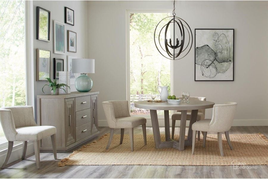 The appearance of Cascade Dovetail Round Dining Room Set designed by Riverside Furniture in the modern / contemporary interior design. This beige piece of furniture  was selected by 1StopBedrooms from Cascade Collection to add a touch of cosiness and style into your home. Sku: 73450;73451;73454. Table Base Style: Pedestal. Table Top Shape: Round. Product Type: Dining Room Set. Image1