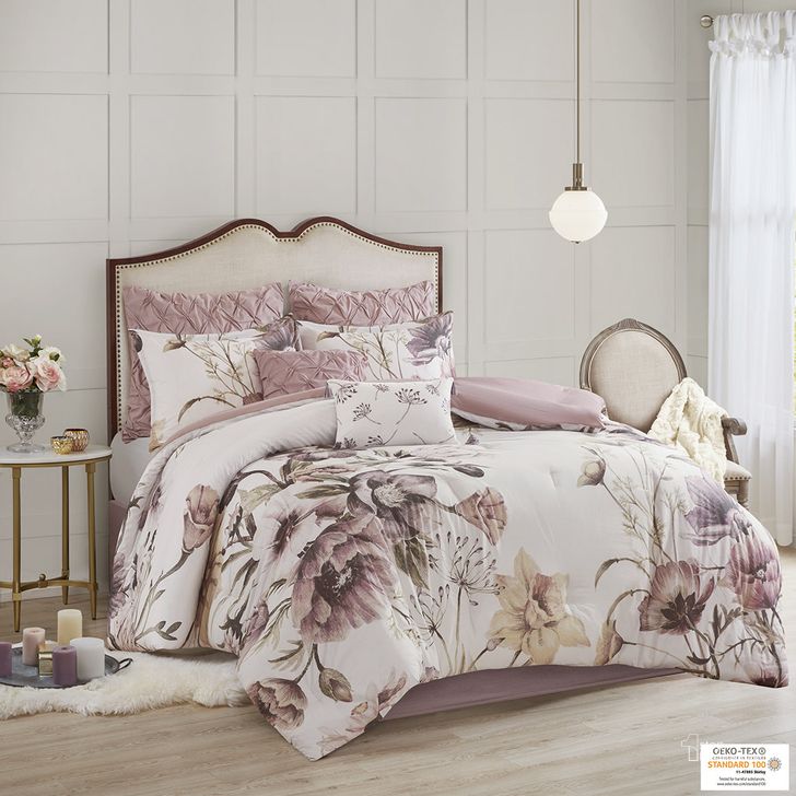 The appearance of Cassandra Cotton Percale Printed 8Pcs Queen Comforter Set In Blush designed by Olliix in the modern / contemporary interior design. This blush piece of furniture  was selected by 1StopBedrooms from Cassandra Collection to add a touch of cosiness and style into your home. Sku: MP10-6164. Material: Polyester. Bed Size: Queen. Product Type: Comforter Set. Image1