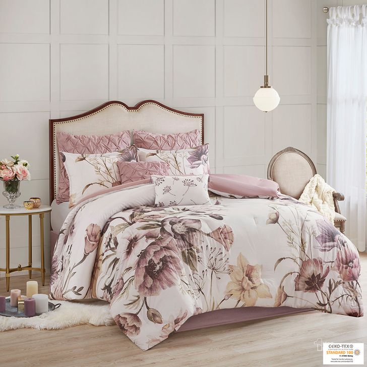 The appearance of Cassandra Cotton Percale Printed 8Pcs California King Comforter Set In Blush designed by Olliix in the modern / contemporary interior design. This blush piece of furniture  was selected by 1StopBedrooms from Cassandra Collection to add a touch of cosiness and style into your home. Sku: MP10-6166. Material: Polyester. Bed Size: California King. Product Type: Comforter Set. Image1
