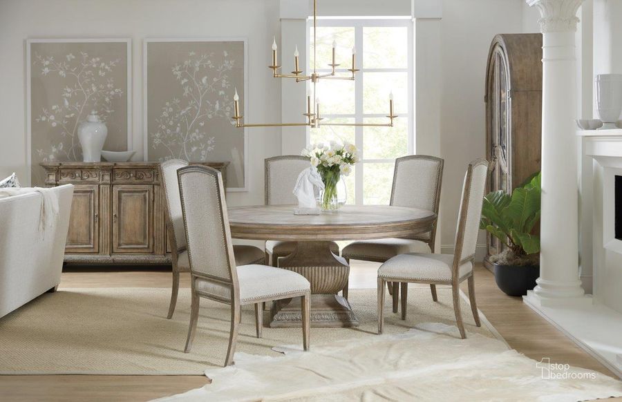 The appearance of Castella Medium Tone Brown 60Inch Round Dining Room Set designed by Hooker in the traditional interior design. This brown piece of furniture  was selected by 1StopBedrooms from Castella Collection to add a touch of cosiness and style into your home. Sku: 5878-75203-80;5878-75410-80. Table Base Style: Pedestal. Table Top Shape: Round. Material: Wood. Product Type: Dining Room Set. Image1