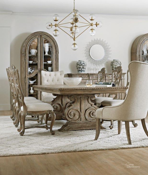 The appearance of Castella Medium Tone Brown Extendable Rectangle Dining Room Set designed by Hooker in the traditional interior design. This brown piece of furniture  was selected by 1StopBedrooms from Castella Collection to add a touch of cosiness and style into your home. Sku: 5878-75207-80;5878-75410-80. Table Base Style: Trestle. Material: Wood. Product Type: Dining Room Set. Table Top Shape: Rectangular. Image1