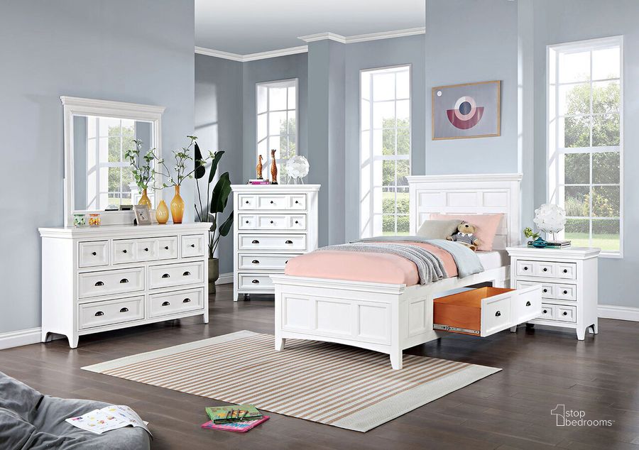 The appearance of Castile Twin Bed In White designed by Furniture of America in the transitional interior design. This white piece of furniture  was selected by 1StopBedrooms from Castile Collection to add a touch of cosiness and style into your home. Sku: CM7413WH-T-1;CM7413WH-T-2;CM7413WH-T-3;CM7413WH-4-DR. Bed Type: Storage Bed. Material: Wood. Product Type: Storage Bed. Bed Size: Twin. Image1
