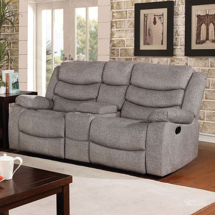 The appearance of Castleford Light Gray Reclining Loveseat with Console designed by Furniture of America in the transitional interior design. This gray piece of furniture  was selected by 1StopBedrooms from Castleford Collection to add a touch of cosiness and style into your home. Sku: CM6940-LV. Material: Fabric. Product Type: Reclining Loveseat. Image1