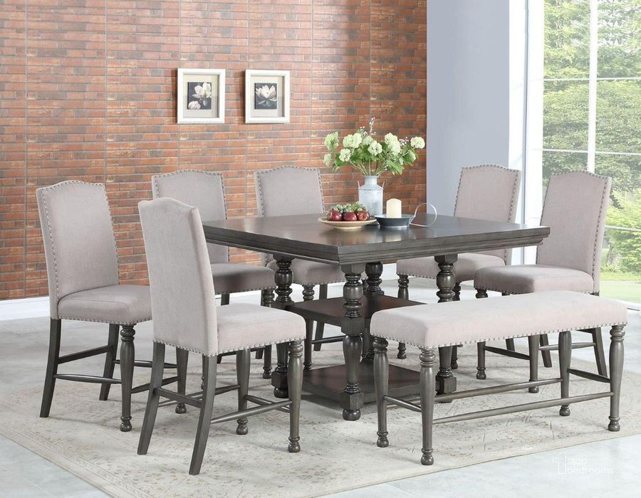 The appearance of Caswell Harbor Gray Counter Height Dining Room Set designed by Steve Silver in the transitional interior design. This brown piece of furniture  was selected by 1StopBedrooms from Caswell Collection to add a touch of cosiness and style into your home. Sku: CW700PT;CW700CC. Table Top Shape: Square. Material: Wood. Product Type: Dining Room Set. Image1