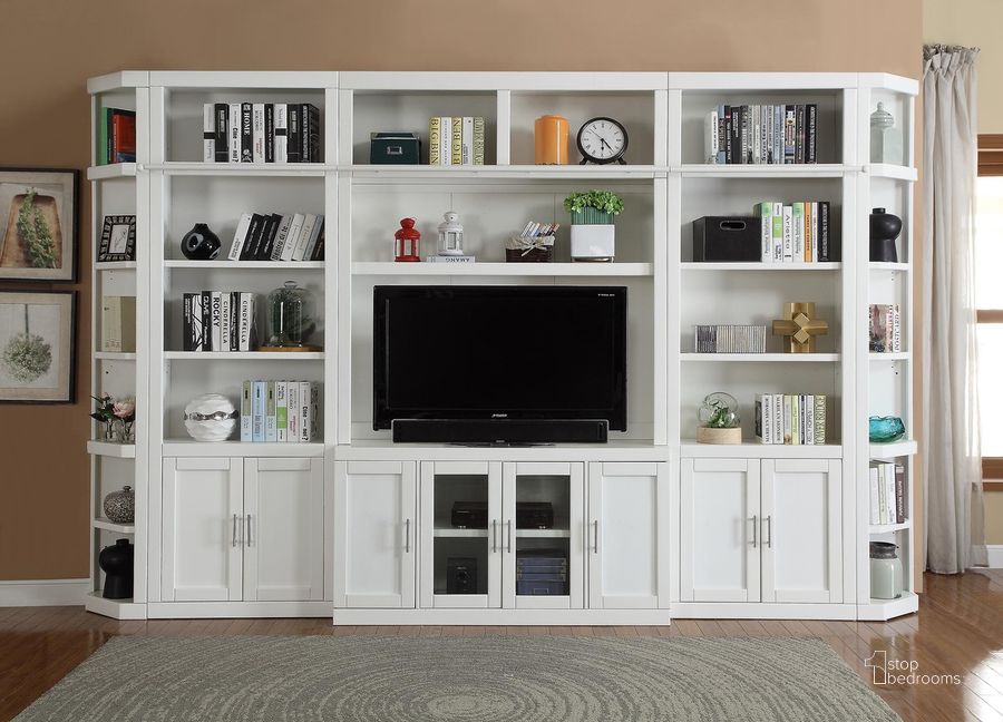 The appearance of Catalina 6 Piece Large Entertainment Wall In White designed by Parker House in the coastal interior design. This white piece of furniture  was selected by 1StopBedrooms from Catalina Collection to add a touch of cosiness and style into your home. Sku: CAT#405;CAT#411;CAT#430;CAT#430;CAT#450;CAT#450. Product Type: Entertainment Center. Material: Wood Veneer.
