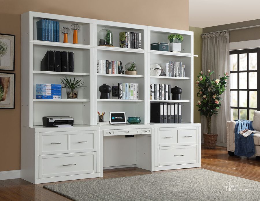 The appearance of Catalina 6 Piece Workspace Library Wall In White designed by Parker House in the coastal interior design. This white piece of furniture  was selected by 1StopBedrooms from Catalina Collection to add a touch of cosiness and style into your home. Sku: CAT#460H;CAT#460H;CAT#460H;CAT#461D;CAT#476F;CAT#476F. Product Type: Entertainment Center. Material: Wood Veneer. Image1