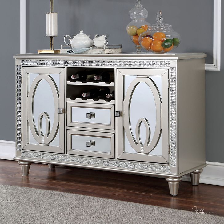 The appearance of Cathalina Server In Silver designed by Furniture of America in the transitional interior design. This silver piece of furniture  was selected by 1StopBedrooms from Cathalina Collection to add a touch of cosiness and style into your home. Sku: CM3541SV-SV. Material: Wood. Product Type: Server. Image1